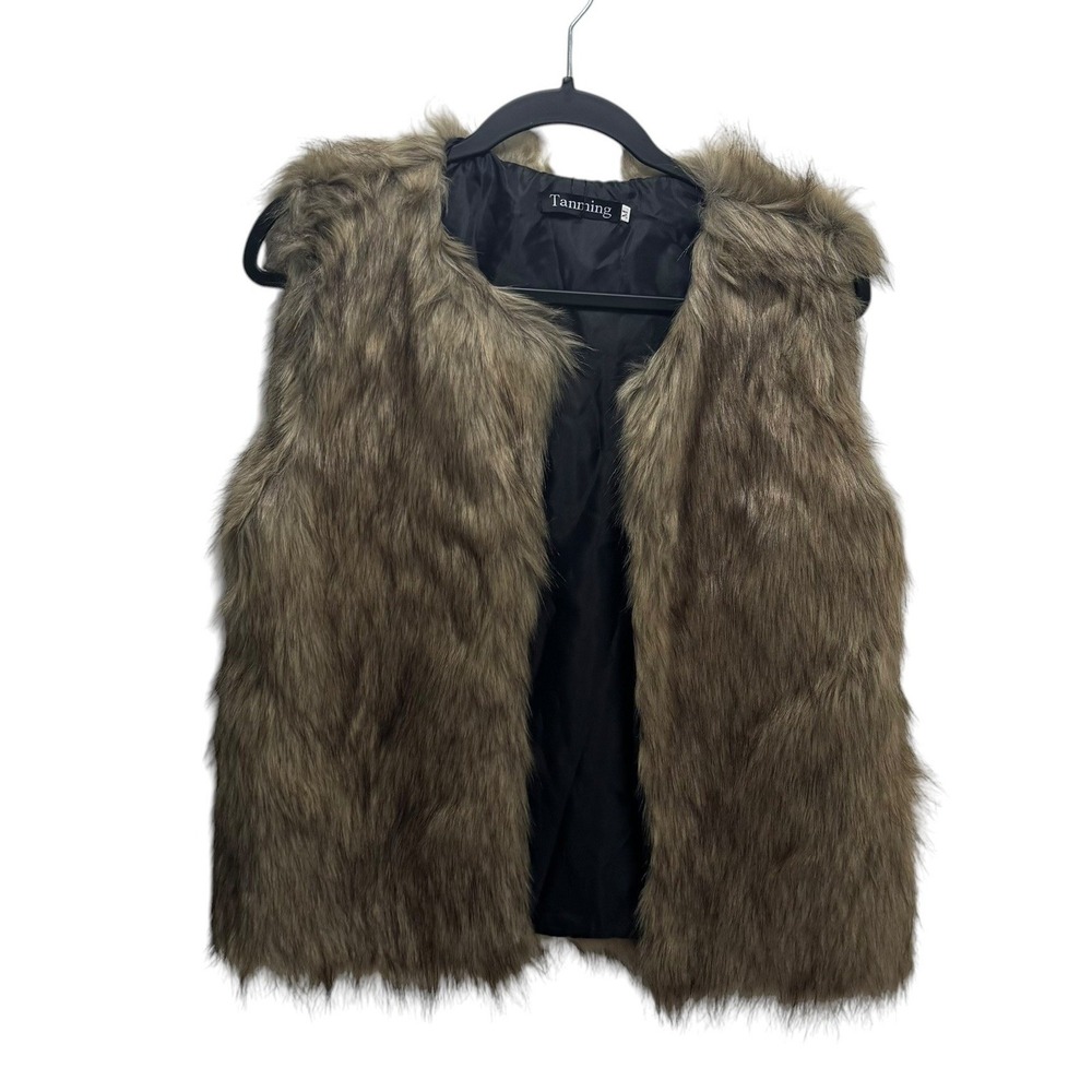 Glam Mob Wives Disco Retro Brown Faux Fur Vest Open Front Sleeveless Jacket M